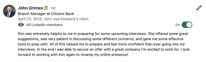 John Grimes, Branch Manager at Citizens Bank, LinkedIn recommendation