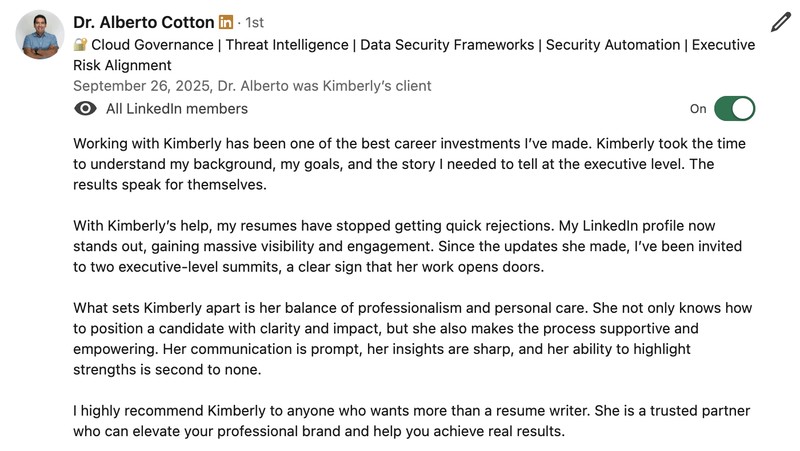 Dr. Alberto Cotton, Cloud Governance & Executive Risk Alignment, LinkedIn recommendation