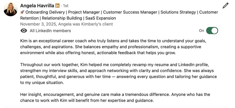 Angela Havrilla, Onboarding Delivery Project Manager, LinkedIn recommendation