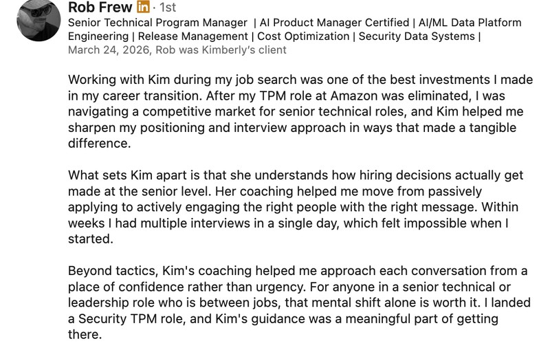 Rob Frew, Senior Technical Program Manager, landed a Security TPM role with Kim's coaching